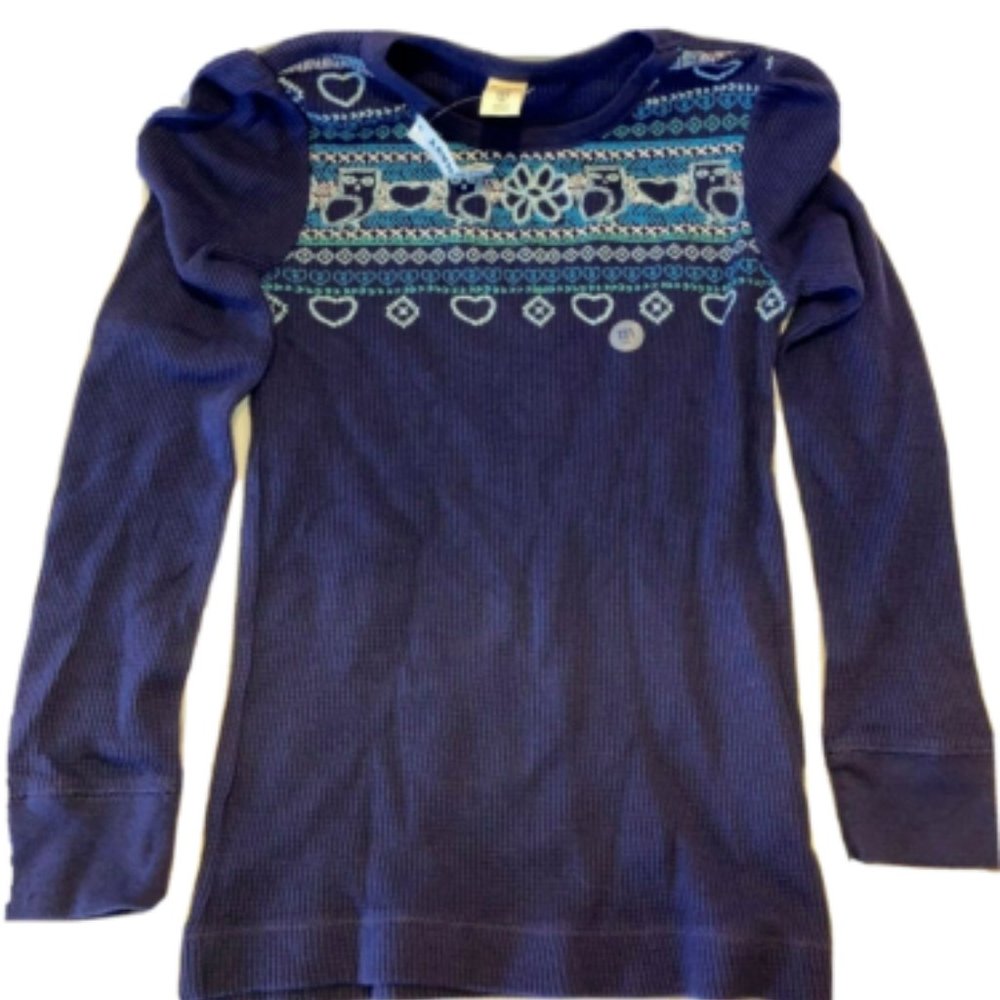 NWT - Girls Old Navy Blue Winter Theme Waffle Weave Long Sleeve Shirt Med Sz 8